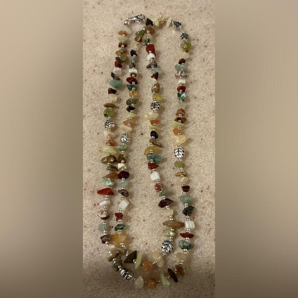 Red and Green Beaded Necklace with Natural Stones